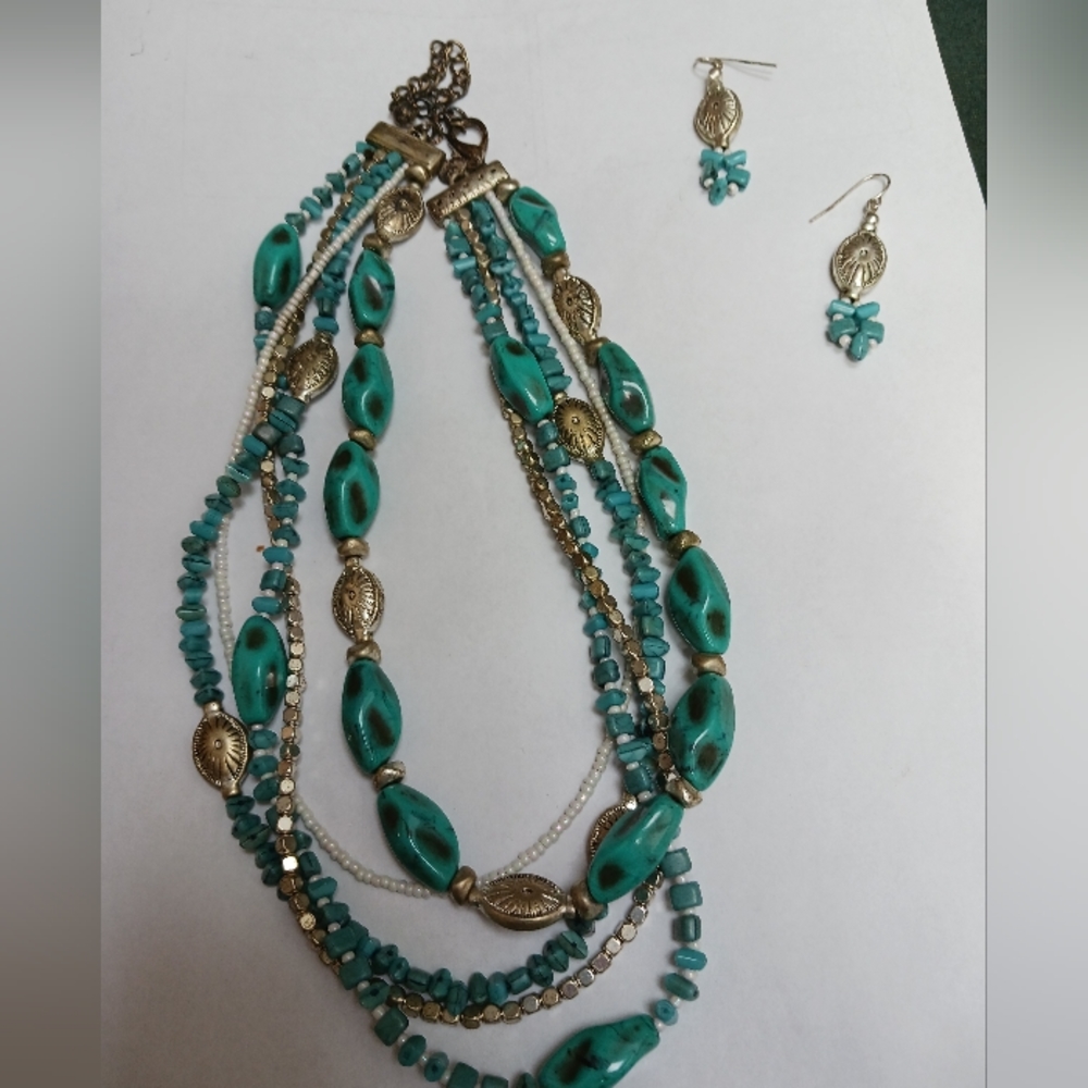 Turquoise  and silver multi strand necklace 20 inch with matching  earrings